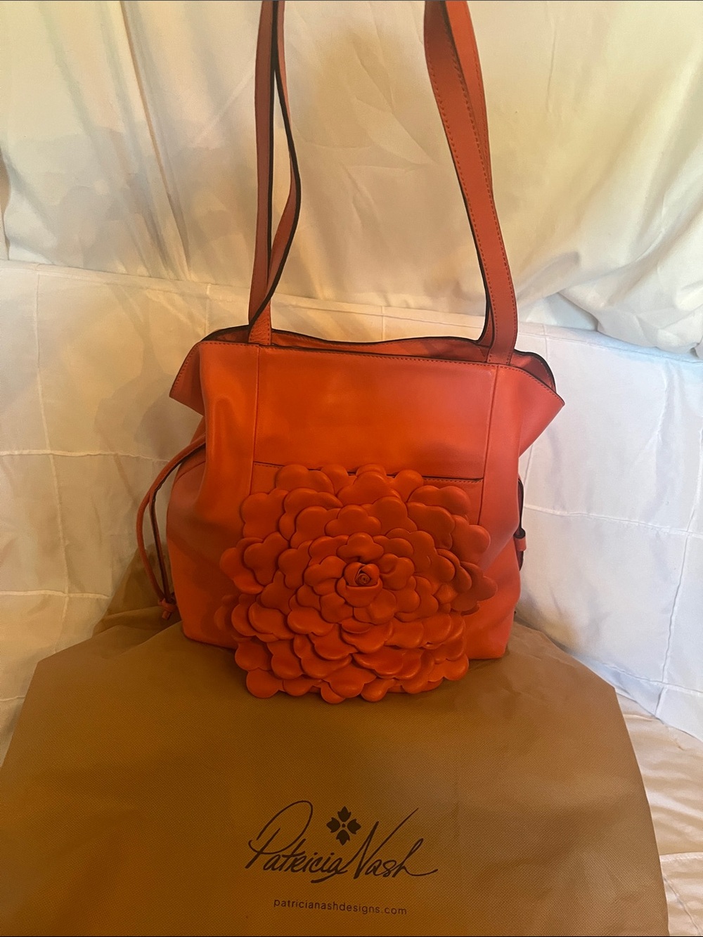 Patricia Nash Vibrant Orange Leather Shoulder Tote with Floral Applique